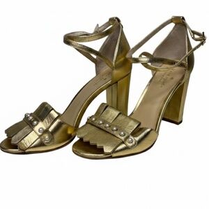 Kate Spade Size 8 Metallic Gold Leather Pearl Accent Block Heels
